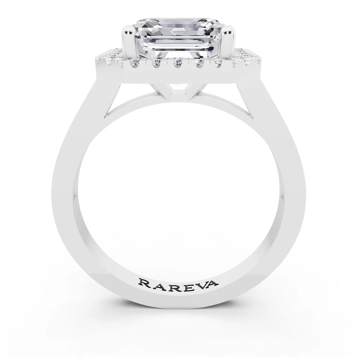 14 KT White Gold Asscher Cut Diamond Halo Ring with Bezel Accent Band - through finger