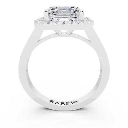 14 KT White Gold Asscher Cut Diamond Halo Ring with Bezel Accent Band - through finger
