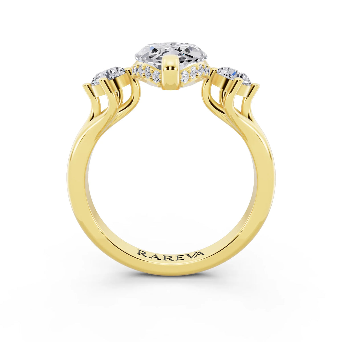 18 KT Yellow Gold Marquise Cut Diamond Three Stone Engagement Ring with Hidden Halo - through finger