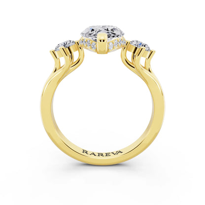 18 KT Yellow Gold Marquise Cut Diamond Three Stone Engagement Ring with Hidden Halo - through finger