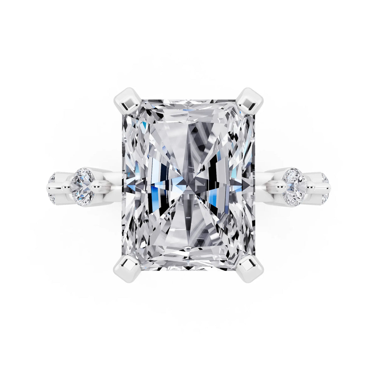 Platinum Radiant Cut Diamond Solitaire Ring with Floating Diamond Accents - top angle