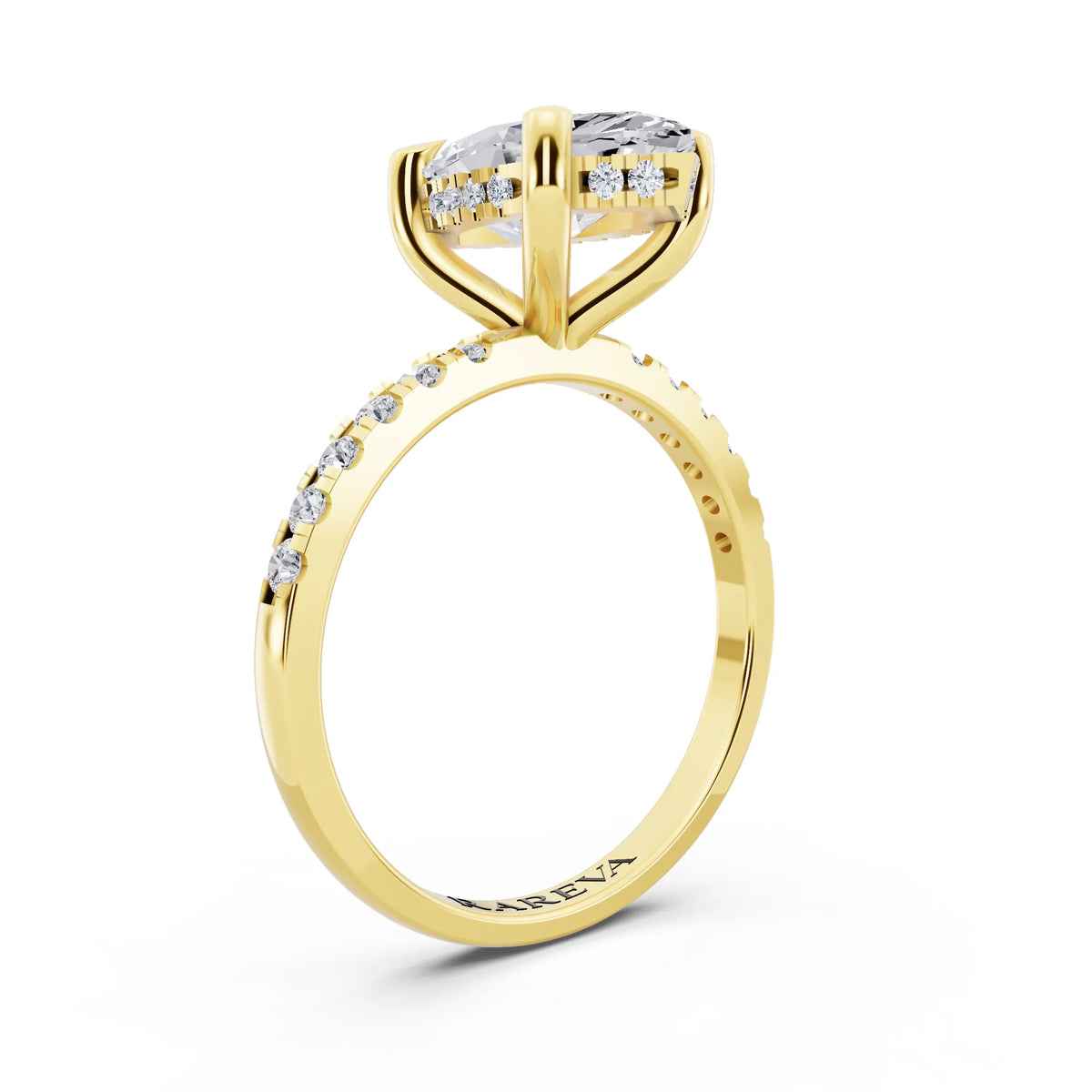 18 KT Yellow Gold Marquise Cut Diamond Solitaire Ring with Round Pavé Band and Prong Setting - top view