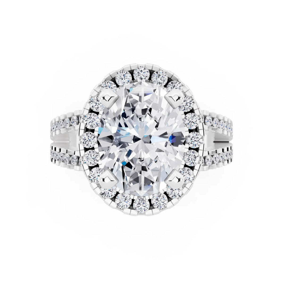Platinum Oval Cut Diamond Halo Ring with Pave Split Shank - top angle