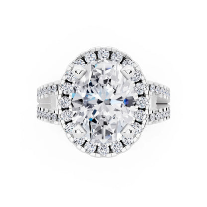 Platinum Oval Cut Diamond Halo Ring with Pave Split Shank - top angle