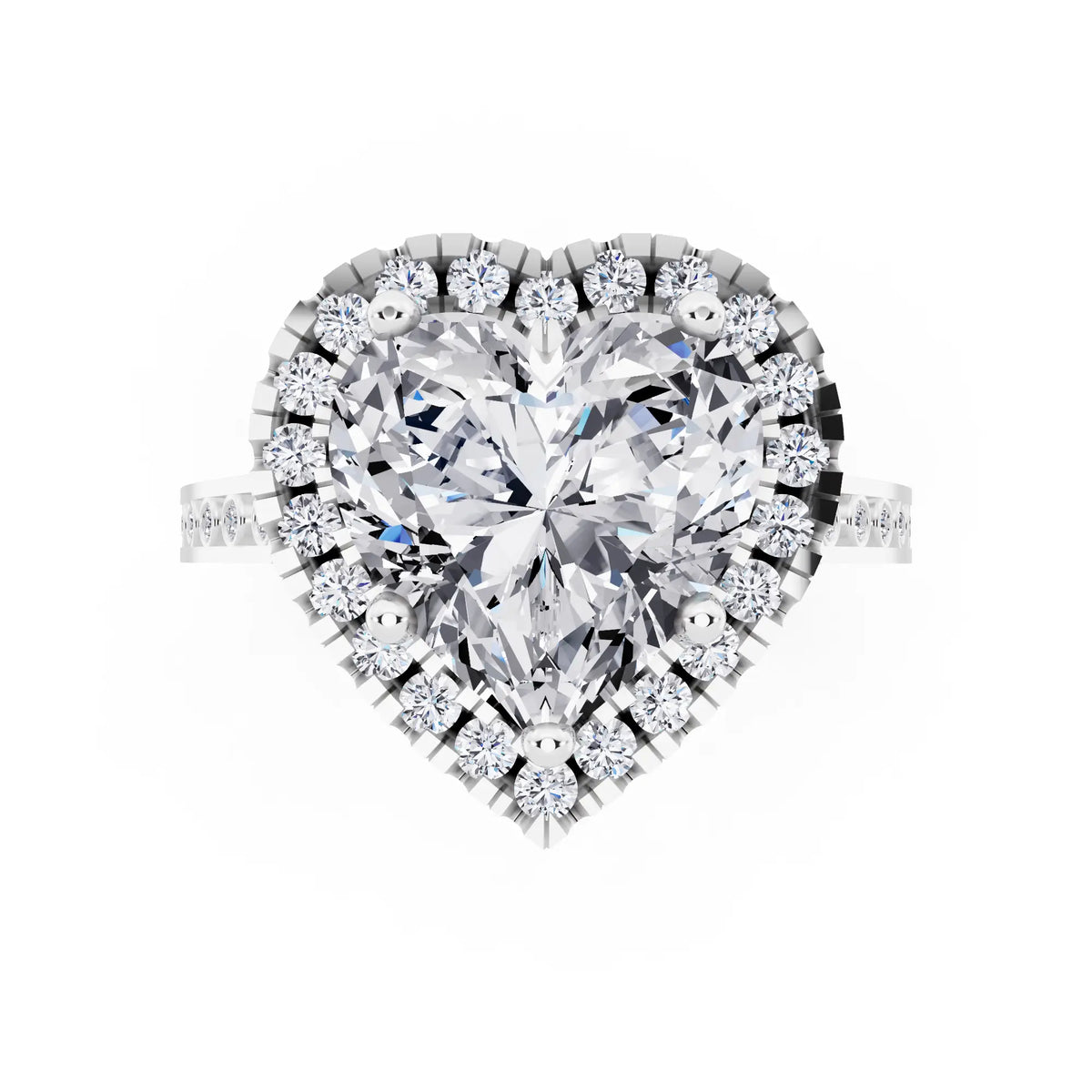 Platinum Heart Cut Diamond Halo Ring with Bezel Accent Band - top angle