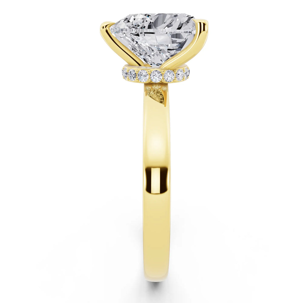 18 KT Yellow Gold Heart Cut Diamond Solitaire Ring with Pave Collar - side view