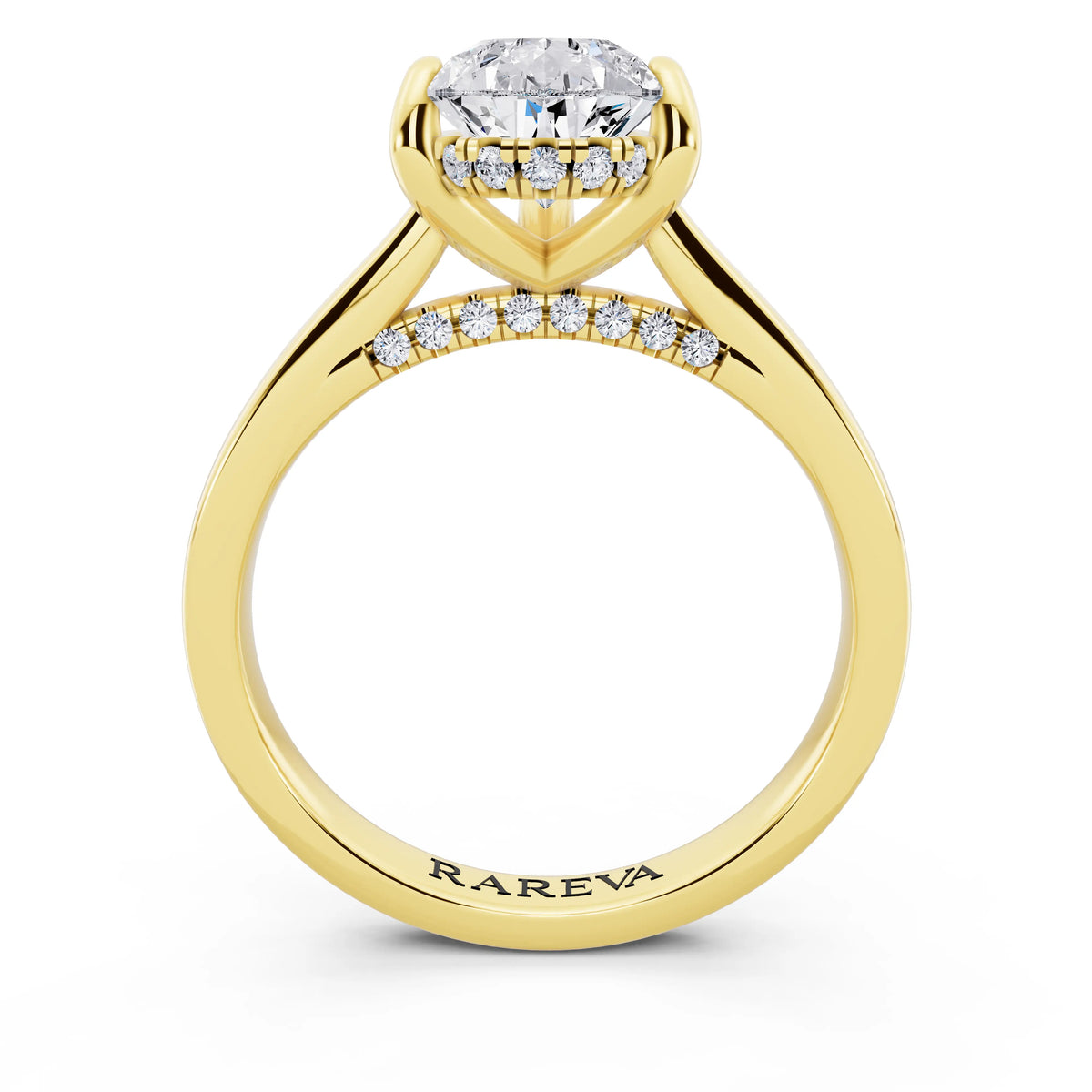 14 KT Yellow Gold Pear Cut Diamond Solitaire Ring with Cathedral Band - through finger