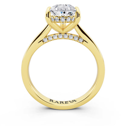 14 KT Yellow Gold Pear Cut Diamond Solitaire Ring with Cathedral Band - through finger