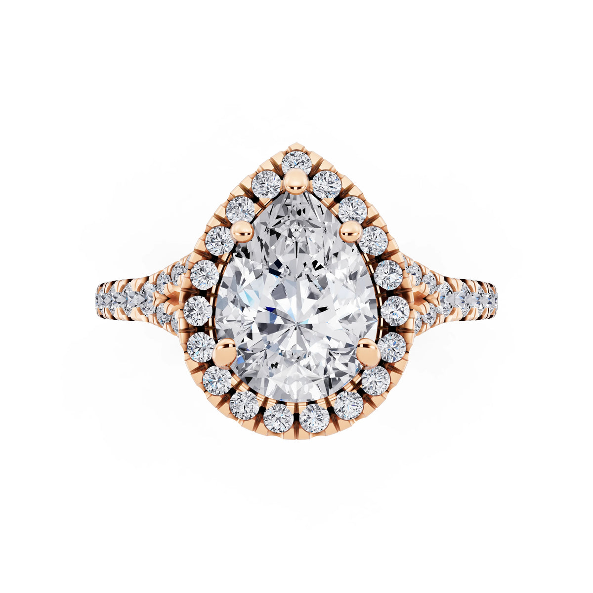 18 KT Rose Gold Pear Cut Diamond Halo Ring with Split Shank - top angle