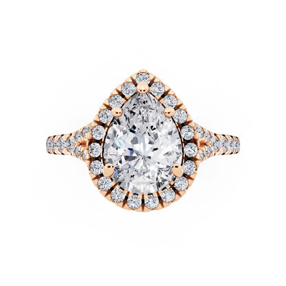 18 KT Rose Gold Pear Cut Diamond Halo Ring with Split Shank - top angle