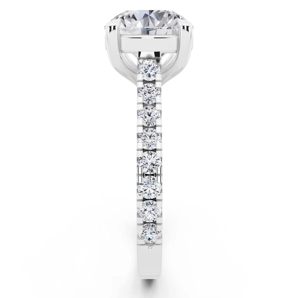 18 KT White Gold Round Cut Diamond Solitaire Ring with Pave Band - Side view
