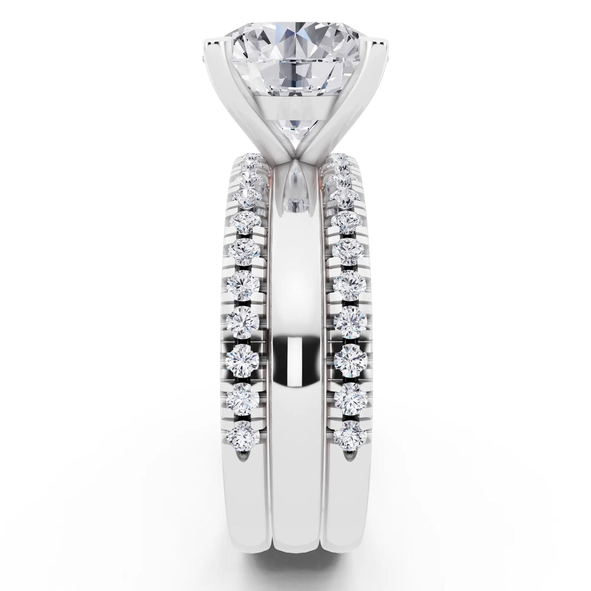 Platinum Round Cut Diamond Solitaire Twin Pave Band Stack Ring - side view