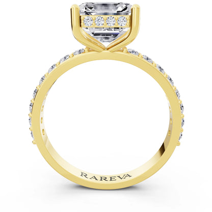 14 KT Yellow Gold Asscher Cut Diamond Solitaire Ring with Hidden Halo and Pave Band - through finger