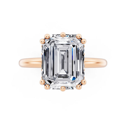 14 KT Rose Gold Emerald Cut Diamond Solitaire Ring with Hidden Accent Basket - top angle