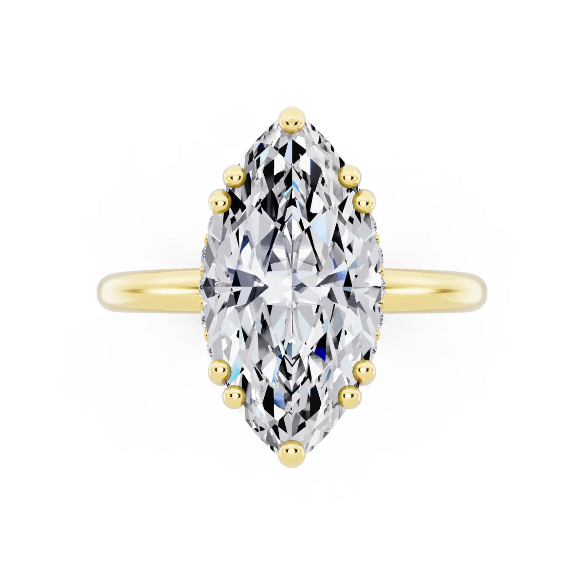 14 KT Yellow Gold Marquise Cut Diamond Solitaire Ring with Hidden Accent Basket - top angle