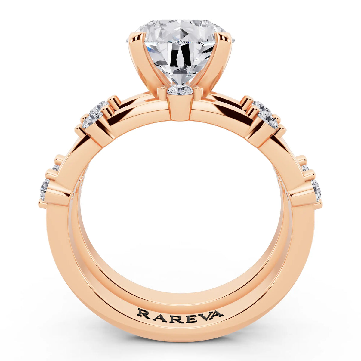 14 KT Rose Gold Pear Cut Diamond Ring with Floating Accent Band - through finger