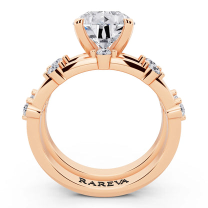 14 KT Rose Gold Pear Cut Diamond Ring with Floating Accent Band - through finger