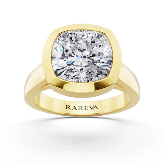 14 KT Yellow Gold Cushion Cut Diamond Bezel Set Solitaire Ring - front view