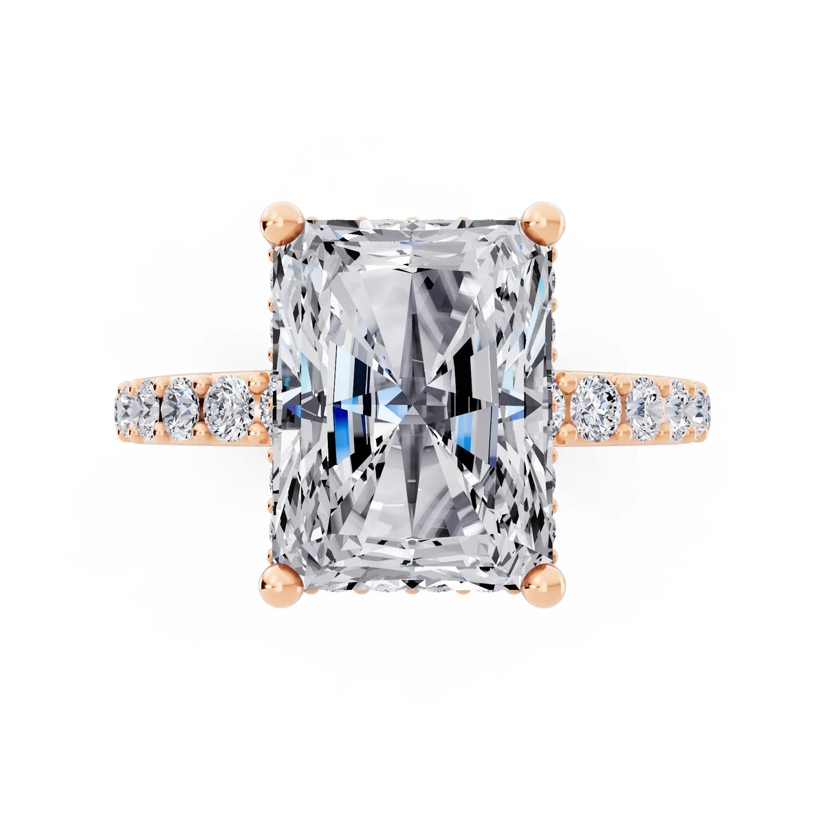 18 KT Rose Gold Radiant Cut Diamond Solitaire Ring with Hidden Halo and Pave Band - top angle