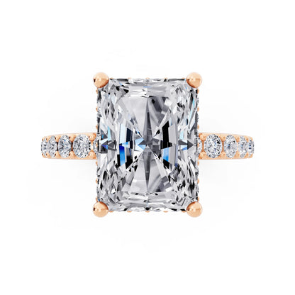 18 KT Rose Gold Radiant Cut Diamond Solitaire Ring with Hidden Halo and Pave Band - top angle
