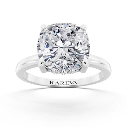 18 KT White Gold Cushion Cut Diamond Solitaire Ring with Hidden Halo - top view