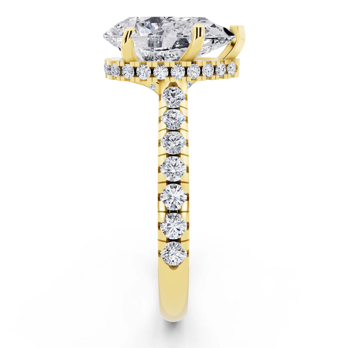 14 KT Yellow Gold Pear Cut Diamond Ring with Hidden Halo - side view