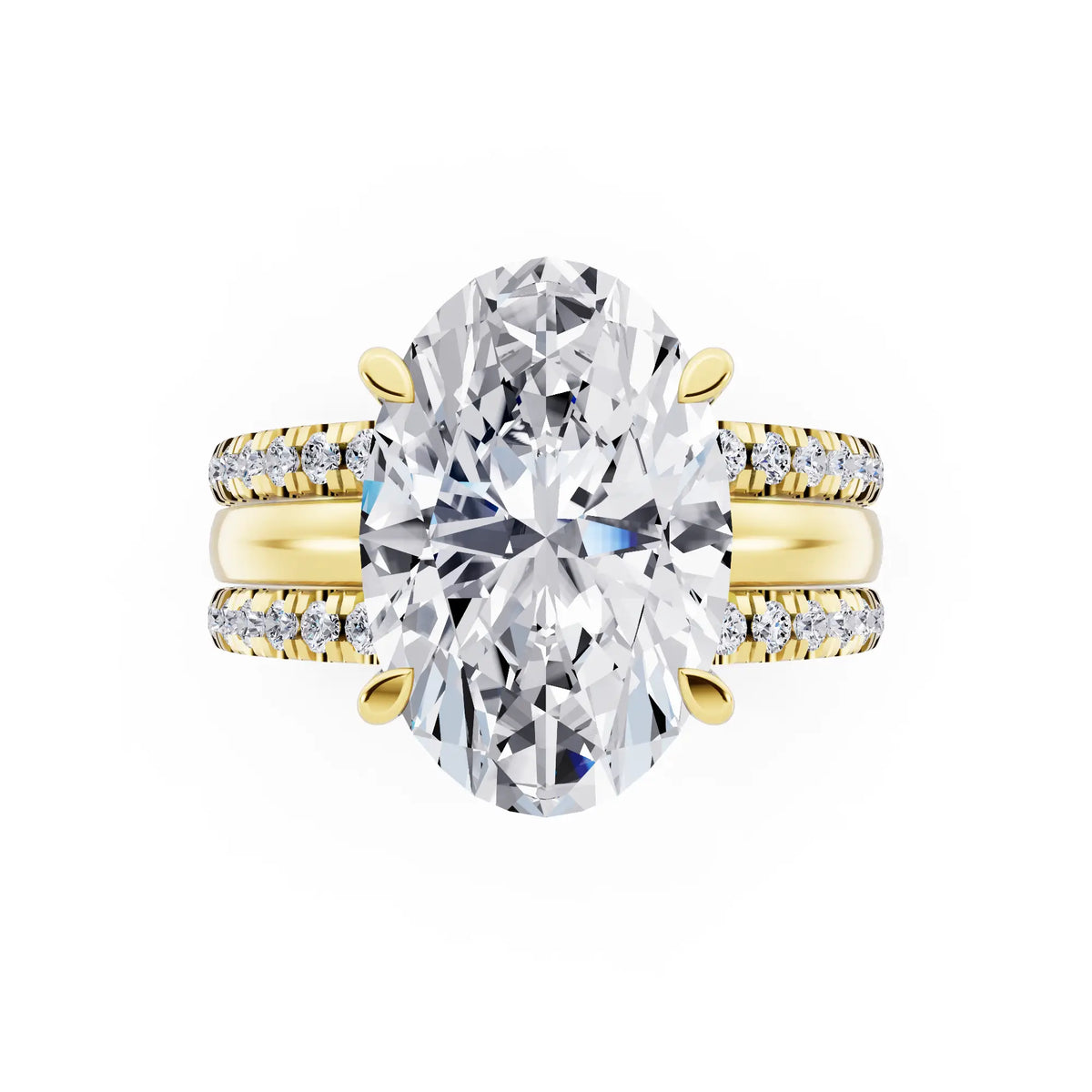 18 KT Yellow Gold Oval Cut Diamond Solitaire Twin Pave Band Stack Ring - top angle