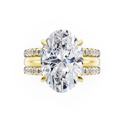 18 KT Yellow Gold Oval Cut Diamond Solitaire Twin Pave Band Stack Ring - top angle