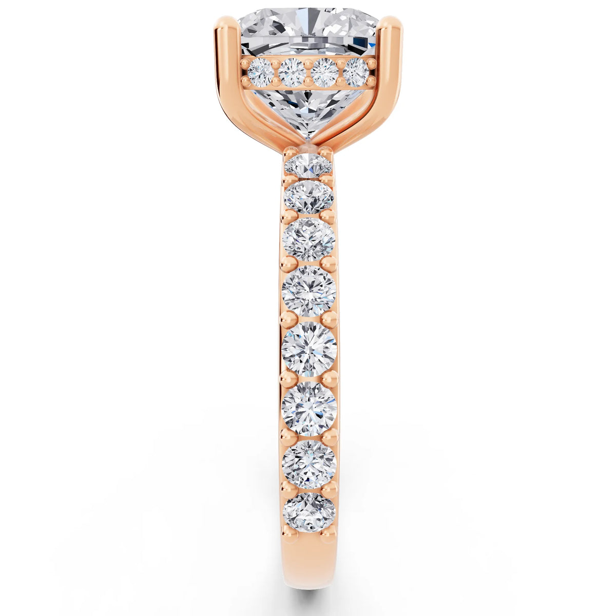 14 KT Rose Gold Cushion Cut Diamond Solitaire Ring with Hidden Halo and Pave Band - side view