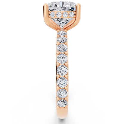 14 KT Rose Gold Cushion Cut Diamond Solitaire Ring with Hidden Halo and Pave Band - side view