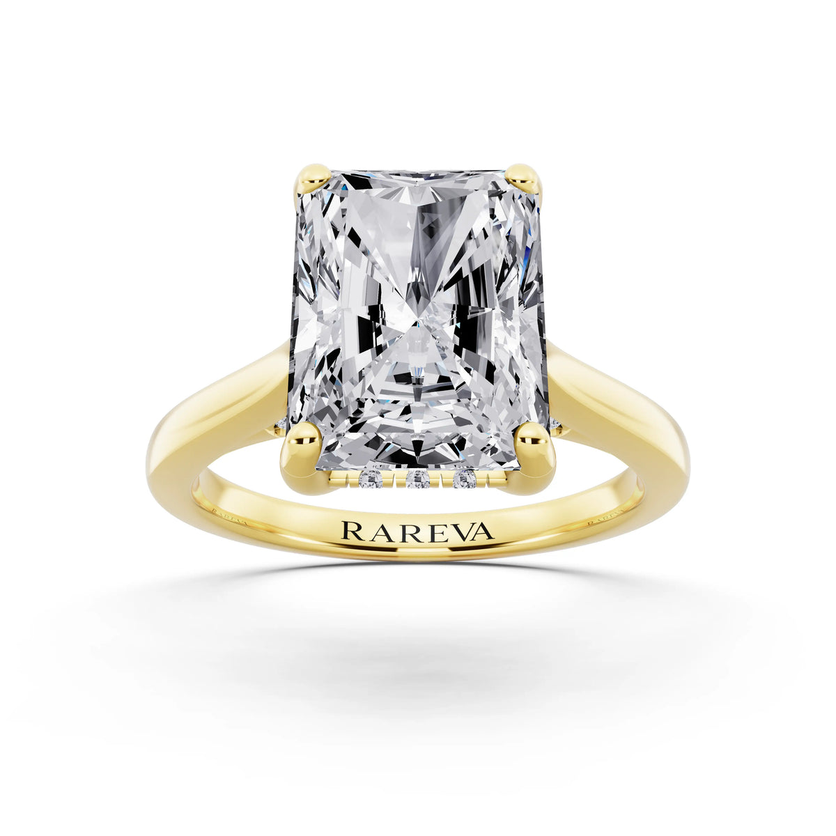 18 KT Yellow Gold Radiant Cut Diamond Solitaire Ring with Cathedral Band - front view