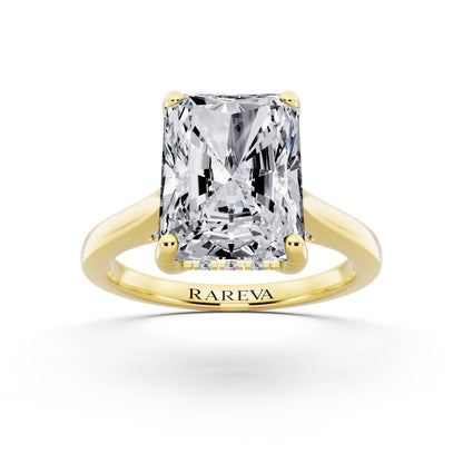 18 KT Yellow Gold Radiant Cut Diamond Solitaire Ring with Cathedral Band - front view