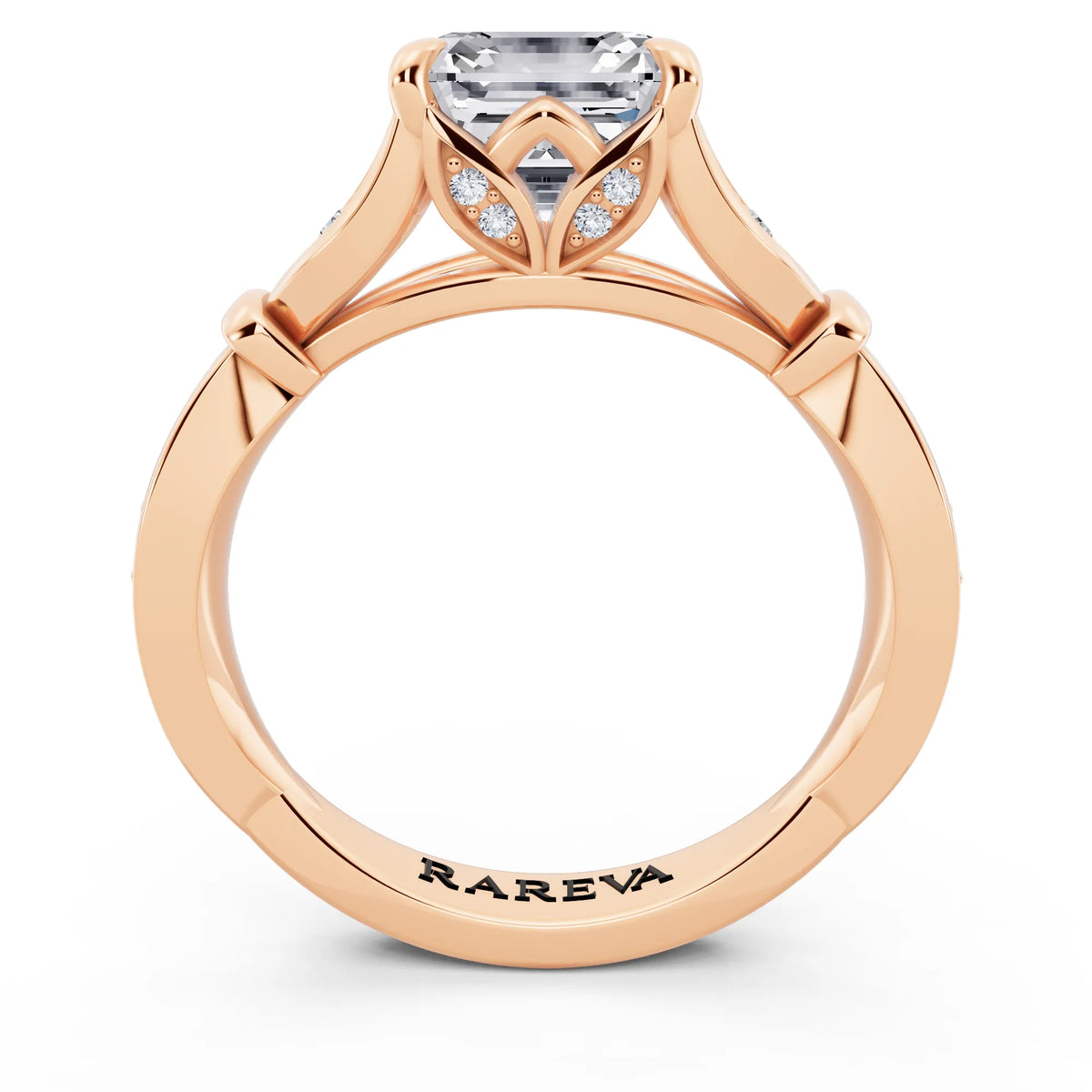 14 KT Rose Gold Asscher Cut Diamond Ring with Lotus Collar - through finger