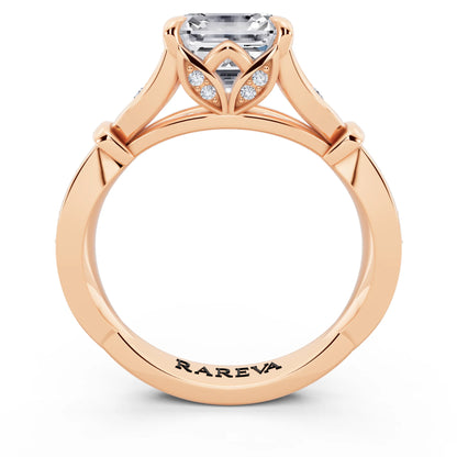 14 KT Rose Gold Asscher Cut Diamond Ring with Lotus Collar - through finger