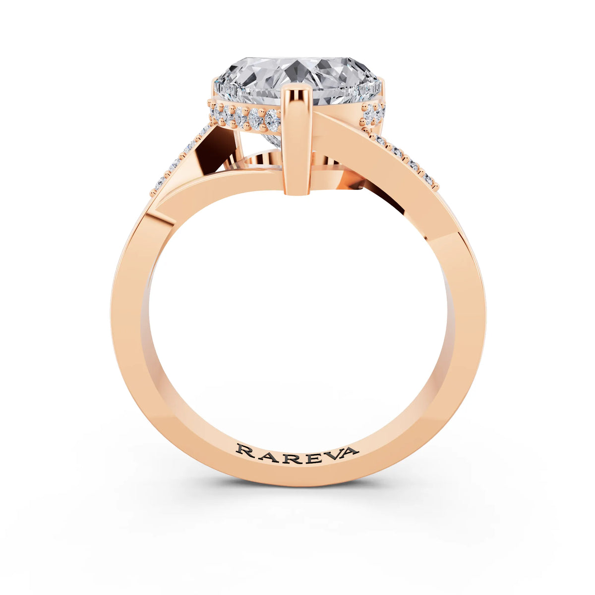 18 KT Rose Gold Heart Cut Diamond Split Shank Engagement Ring with Hidden Halo - through finger