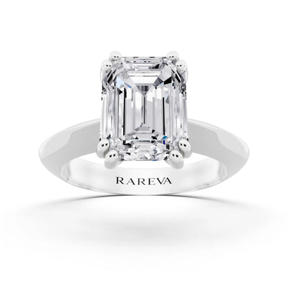 Platinum Emerald Cut Diamond Solitaire Ring with Knife Edge Band - front view