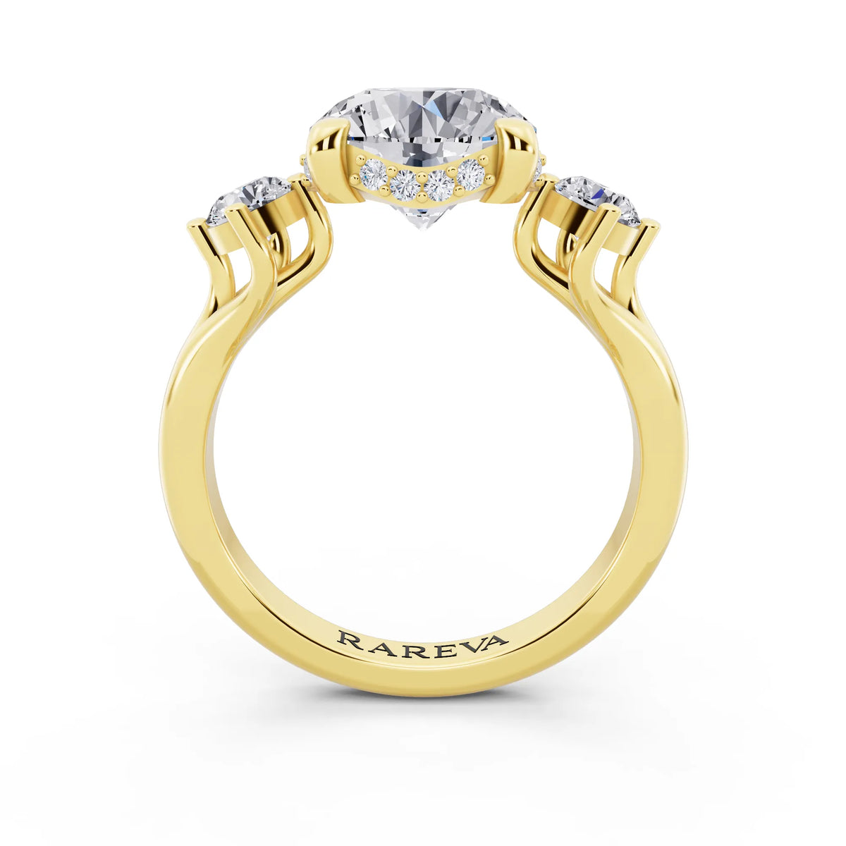 14 KT Yellow Gold Round Cut Diamond Three Stone Engagement Ring with Hidden Halo - through finger