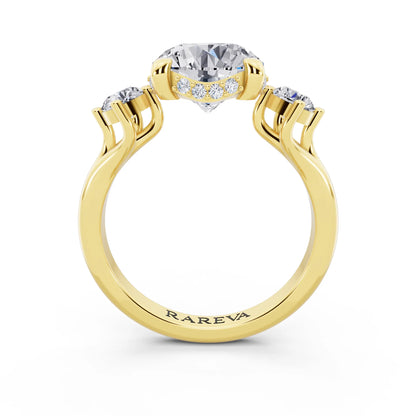 14 KT Yellow Gold Round Cut Diamond Three Stone Engagement Ring with Hidden Halo - through finger