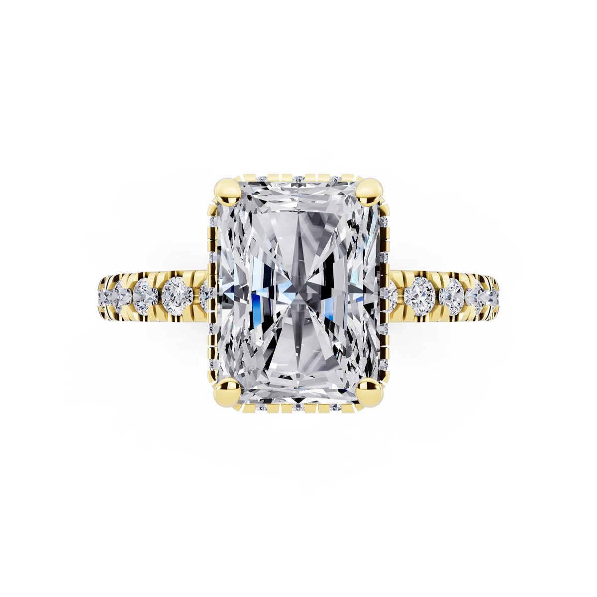 14 KT Yellow Gold Radiant Cut Diamond Hidden Halo Ring with Pave Band - top angle