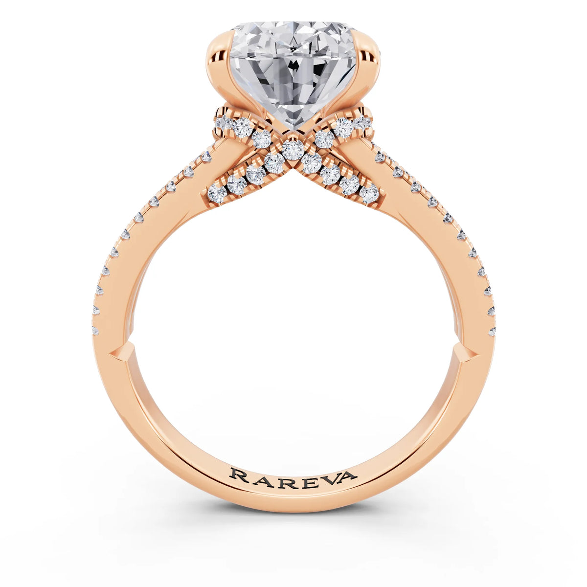 14 KT Rose Gold Oval Cut Diamond Ring with Pavé Split Shank - through finger