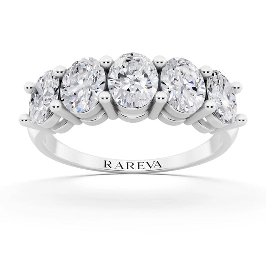 Silver Five Stone Oval Cut Diamond Half Eternity Wedding Band - 2.5mm - Front
