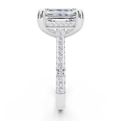 Platinum Emerald Cut Diamond Hidden Halo Double Claw Pave Band Ring - side view