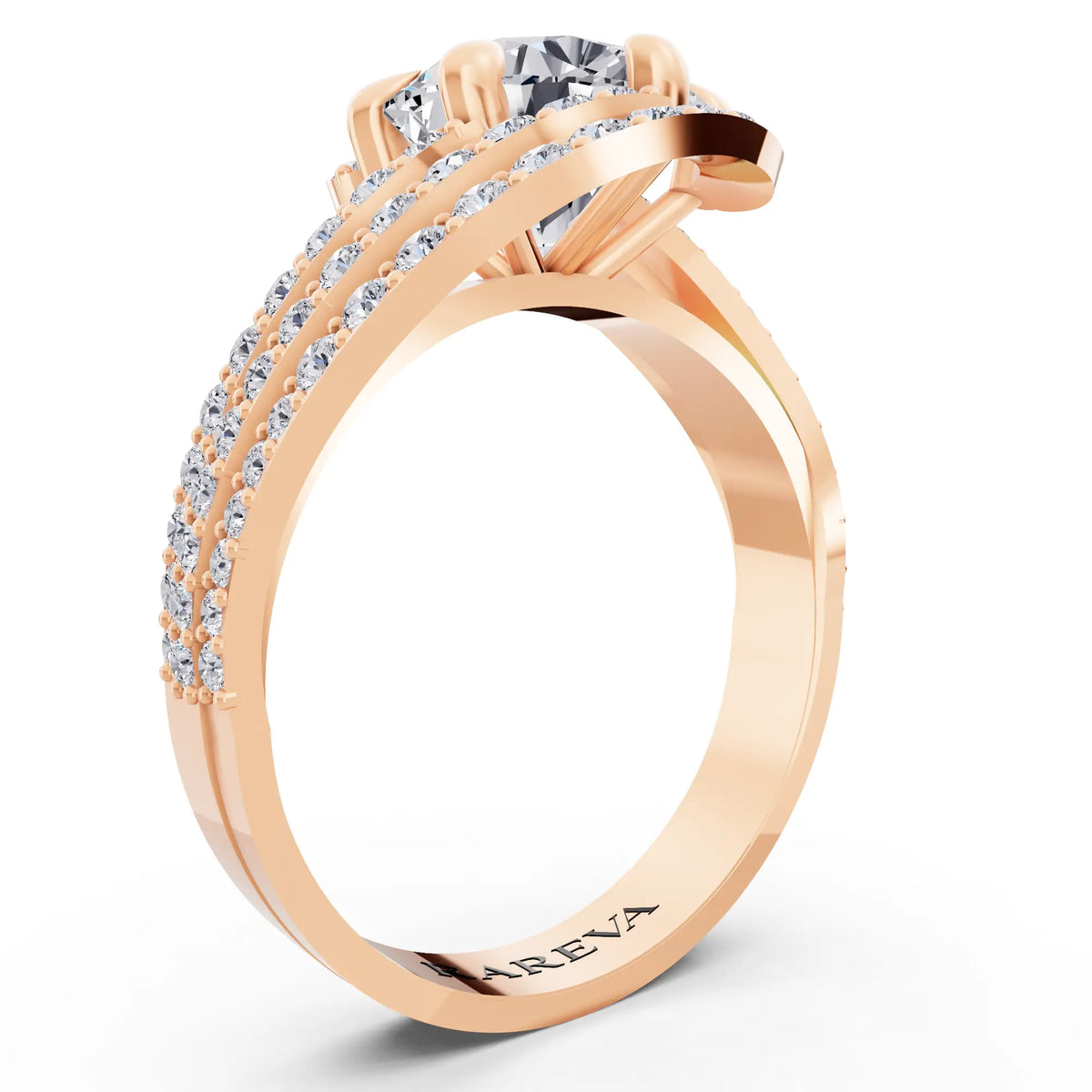 14 KT Rose Gold Round Cut Diamond Solitaire Ring with Swirl Pave Bands - Top view