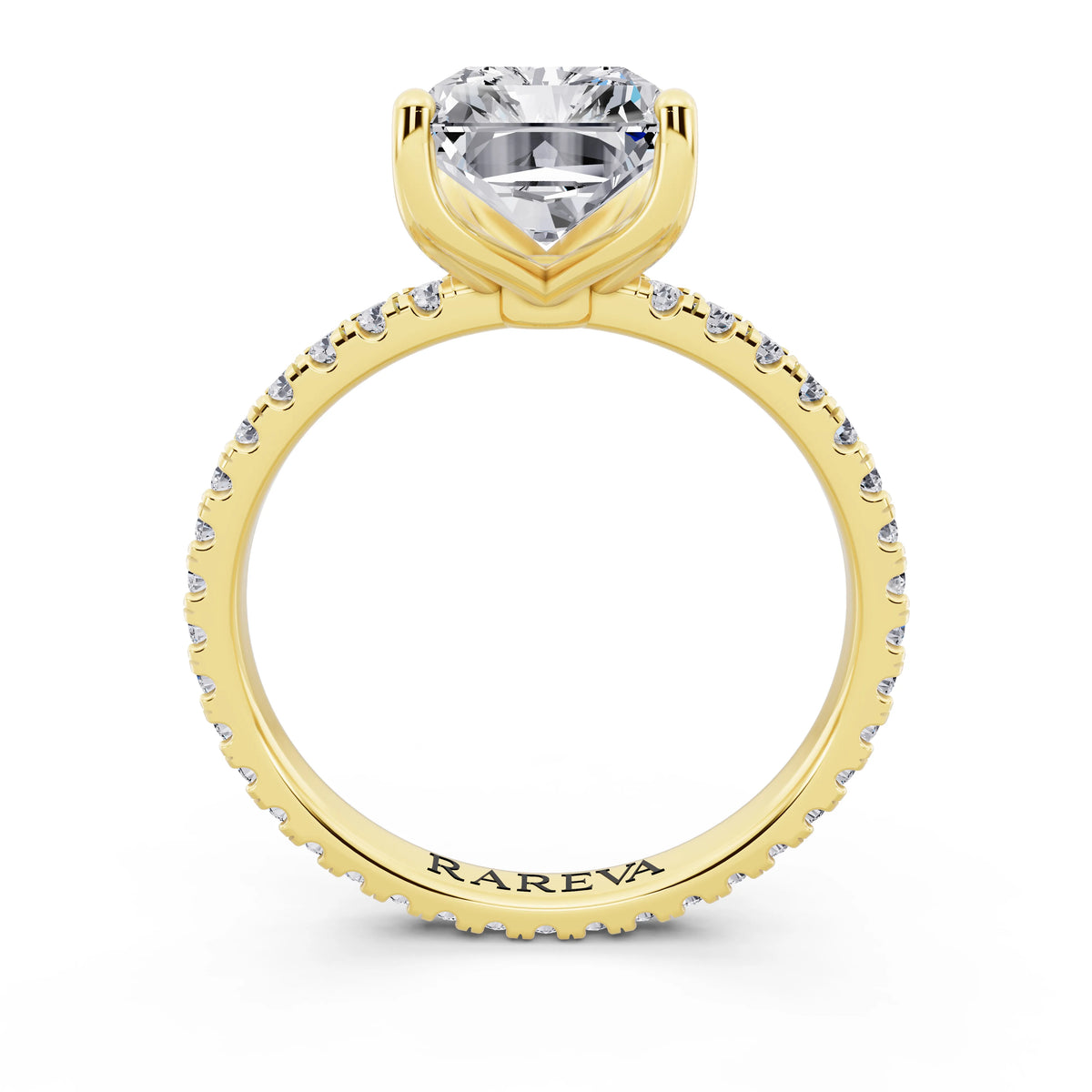 14 KT Yellow Gold Radiant Cut Diamond Solitaire Ring with Pave Eternity Band - through finger