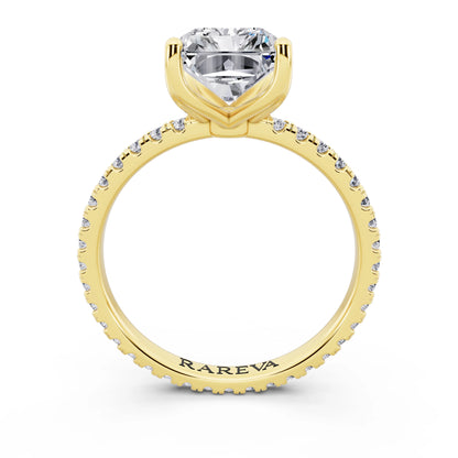 14 KT Yellow Gold Radiant Cut Diamond Solitaire Ring with Pave Eternity Band - through finger