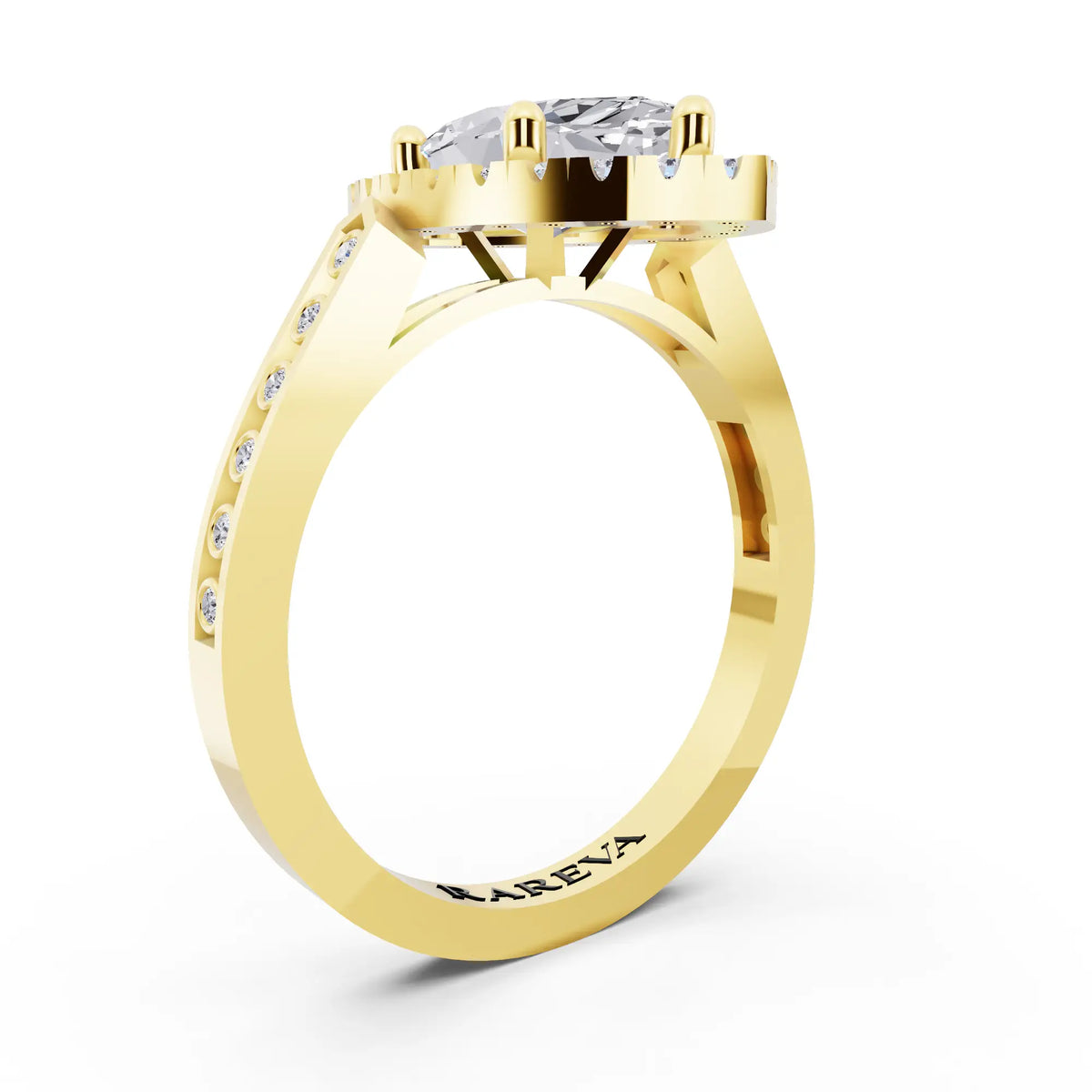 18 KT Yellow Gold Marquise Cut Diamond Halo Ring with Bezel Accent Band - top view