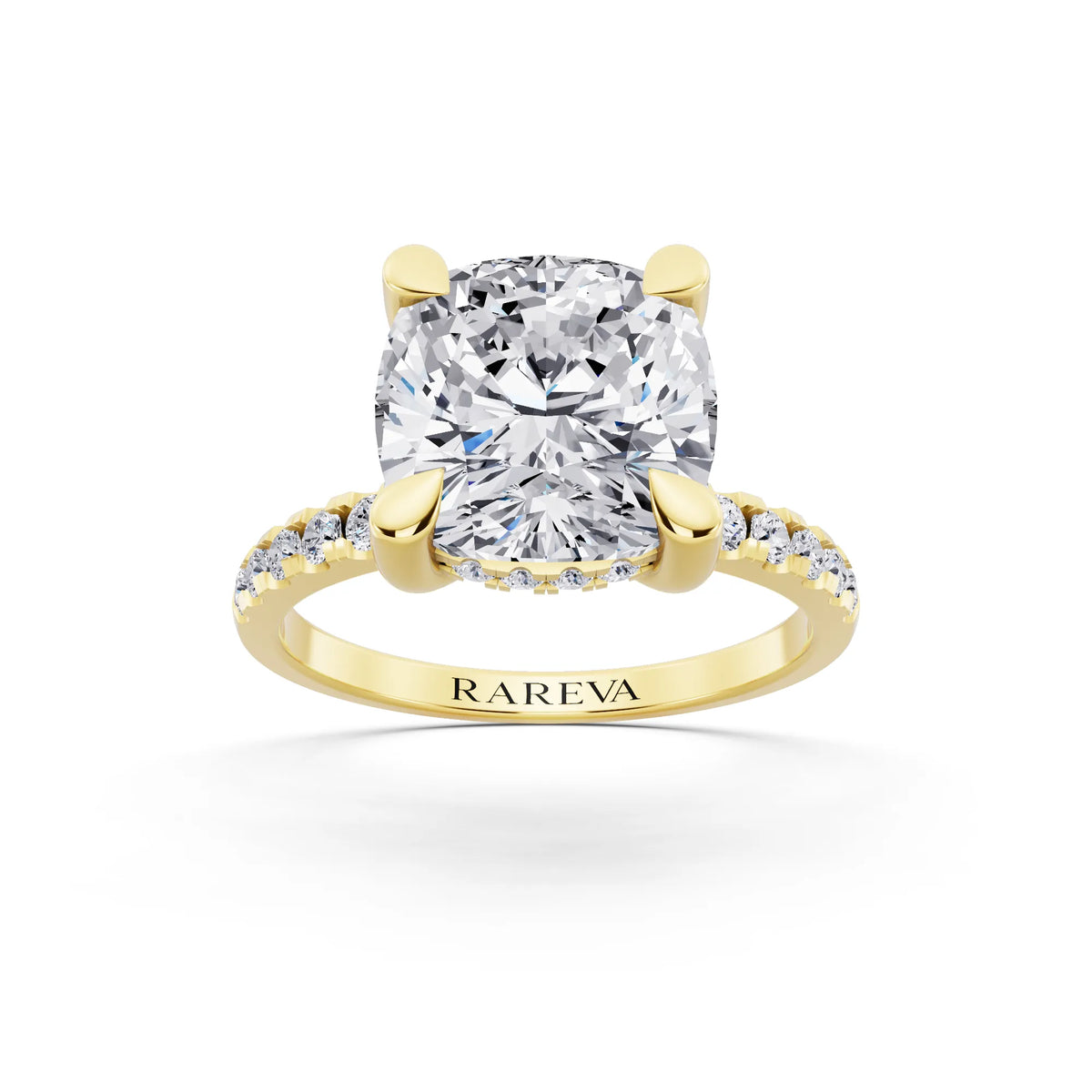 14 KT Yellow Gold Cushion Cut Diamond Solitaire Ring with Round Pavé Band and Prong Setting - front view