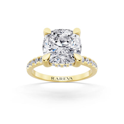 14 KT Yellow Gold Cushion Cut Diamond Solitaire Ring with Round Pavé Band and Prong Setting - front view