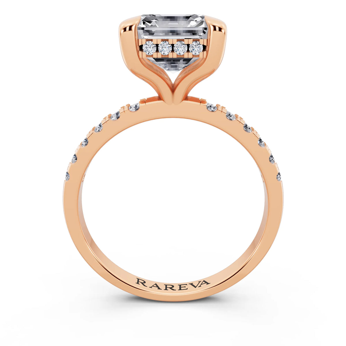 18 KT Rose Gold Asscher Cut Diamond Solitaire Ring with Round Pavé Band and Prong Setting - through finger