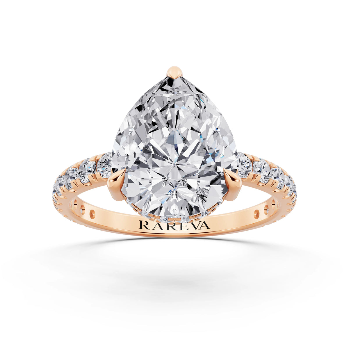 14 KT Rose Gold Pear Cut Diamond Solitaire Ring with Hidden Halo and French Pave Band - front view